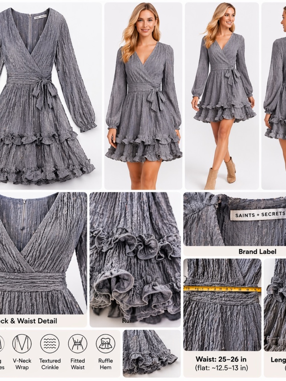 Saints + Secrets Gray Ruffle Mini Dress Small Boho V Neck Tie Waist - Picture 6 of 10